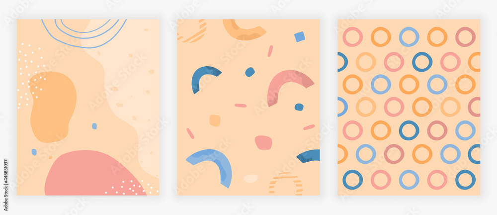 Aufkleber set of three colorful summer patterns. abstract geometric shapes of different colors on delicate pin
