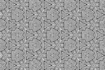 Ethnic decorative pattern, geometric background. Oriental, Asian, Indian handicraft style, doodling technique. Black white template for creativity, coloring, design.