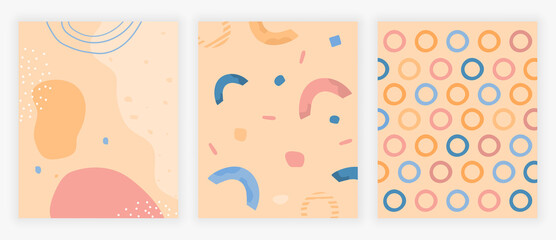 Set of three colorful summer patterns. Abstract geometric shapes of different colors on delicate pink background. Circle, Arc, Oval. Bright collection for decorating wall, poster, postcard and banner