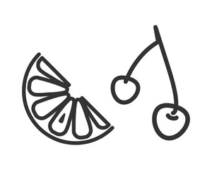 Lemon slice, cherry icon set. Black grey outline. White background. Vector