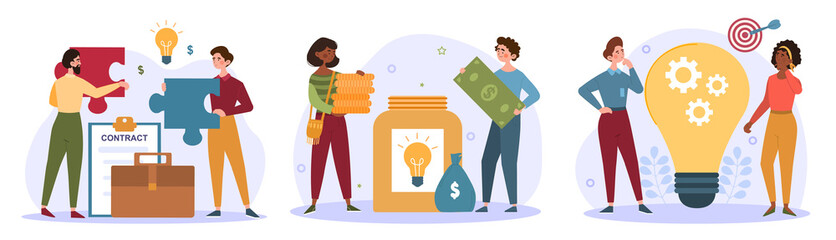 Cooperation and teamwork abstract concept. Crowdfunding and partnership, new idea generation. Company employees work together to develop strategy for achieving goals. Cartoon flat vector set