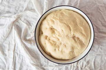 Process of raising the dough in a special basket. Dough made from natural sourdough. Wheat dough. Fermentation. Top view.	
