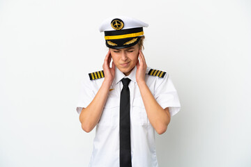 Airplane blonde woman pilot isolated on white background frustrated and covering ears
