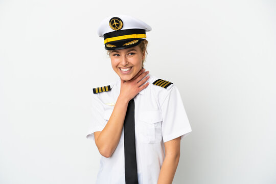 Airplane Blonde Woman Pilot Isolated On White Background Looking Up While Smiling