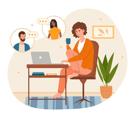 Working from home concept. Woman sits at home at desk and communicates with colleague via video link. Remote work in the context of pandemic. Conversation at distance. Cartoon flat vector illustration