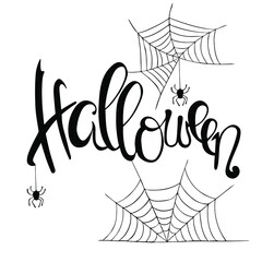 Happy Halloween inscription with a spider and a web, vector, hand-drawn. Calligraphy with a writing brush. The design element is suitable for printing on a flyer, poster, party invitation, banner