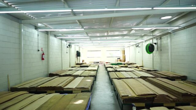 Warehouse with variety of wood for construction and repair. Wood Flooring Factory Production Line
