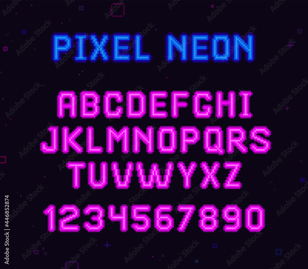 Poster pixel art neon type font set and numbers synthwave style vector template. 80s - 90s style retrowave 