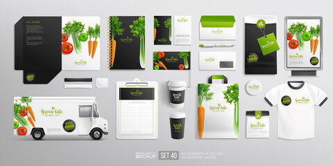 Branding identity Mock-Up set  Vegetables, Food Truck, stationary for Vegan Cafe, restaurant and natural organic food shop. Logo template with vector Vegetables. Stationary branding mockup package - obrazy, fototapety, plakaty