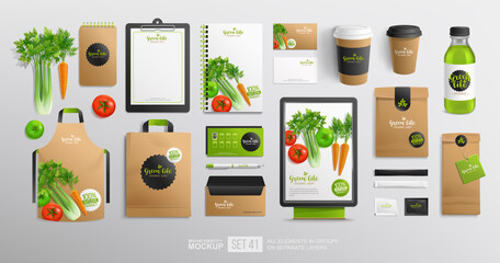 Realistic Brand identity Mockup set with vegetal logo for Vegan Cafe and organic food shop. Vector vegetables. Stationery branding mock up organic package, juice bottle
