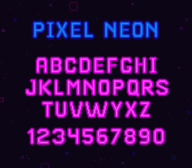 Pixel art neon type font set and numbers synthwave style vector template. 80s - 90s style retrowave neon type font. Retro video game alphabet design