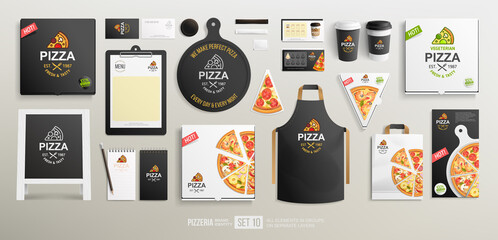 Pizzeria restaurant Black Brand Identity mockup set with different vector pizza slices. Branding bundle of vegetarian pizza box, pizzeria flyer, coffee paper cups, stationary items, uniform - obrazy, fototapety, plakaty