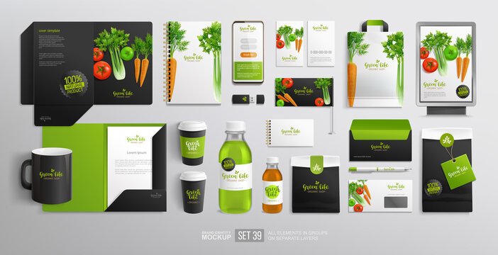 Branding identity Mockup set Organic Food for Vegan Cafe,  food shop. Vegetal Logo template with vector vegetables. Stationary mockup organic package, juice bottle