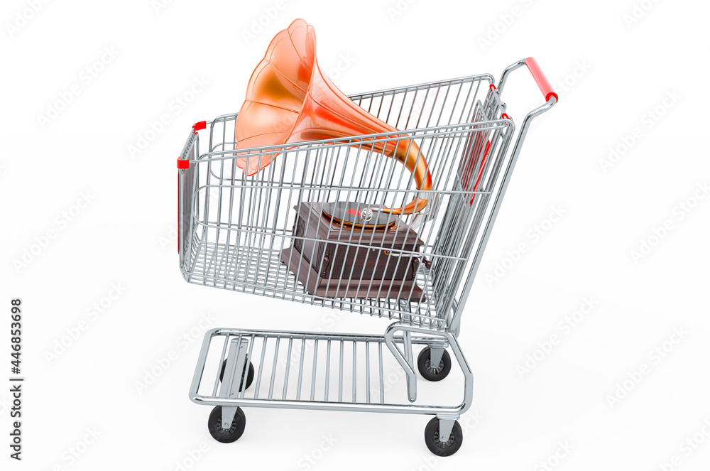 Poster shopping cart with retro phonograph. 3d rendering