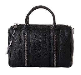 Black tote bag for women. Made of genuine grained leather. The decor is in the form of a metal chain and zippers.