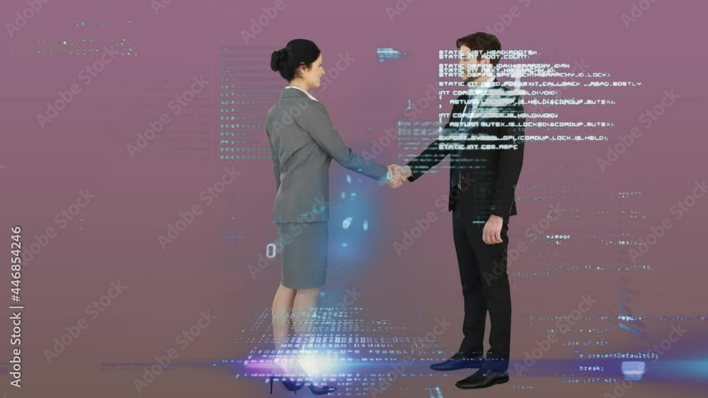 Poster animation of statistics and data processing over businessman handshake