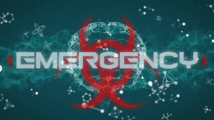 Animation of covid 19 text over biohazard sign and human brain spinning