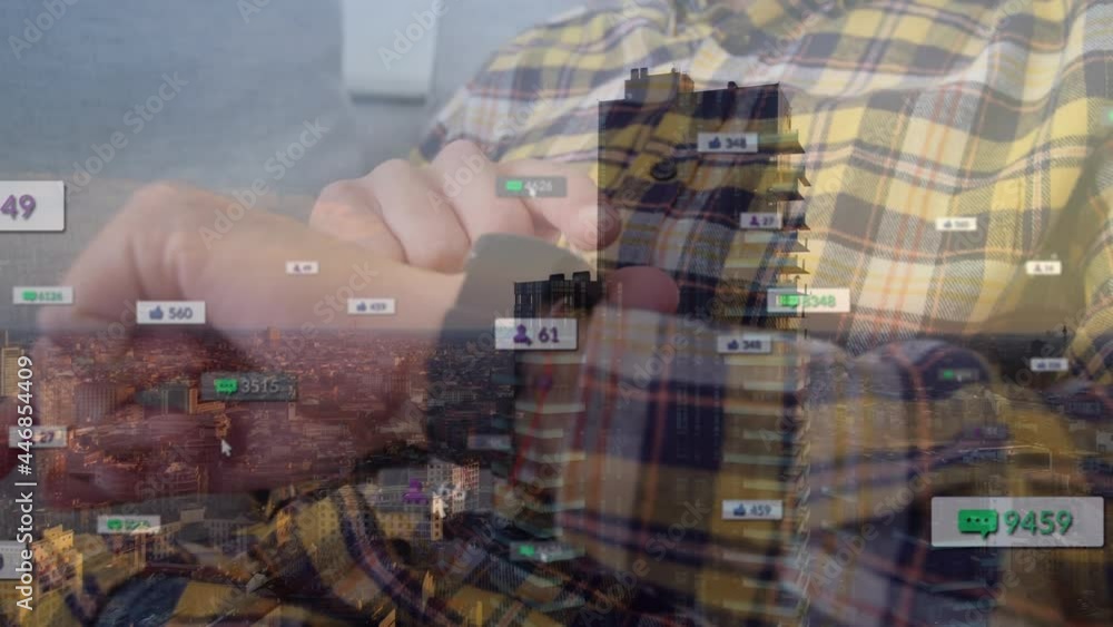 Poster animation of social media notifications over midsection of man checking smartwatch and cityscpe