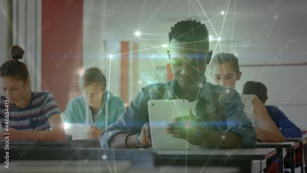 Aufkleber animation of network of connections over student using tablet