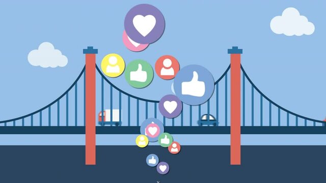 Digital animation of multiple digital icons floating against vehicles on the bridge against blue sky