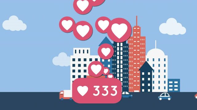 Heart icon with increasing numbers over vehicles on the road against tall buildings