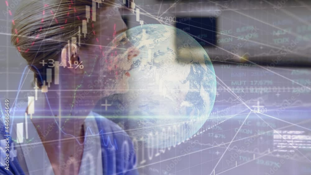 Poster animation of globe and binary coding data processing over businesswoman