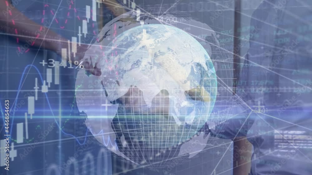 Poster animation of globe and financial data processing over businessman handshake