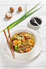 Prawn Yaki Udon with vegetables, top view