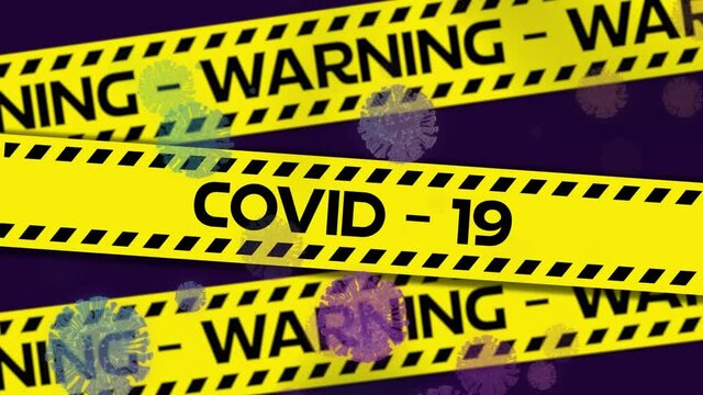 Animation of warning covid 19 text on yellow hazard tape with coronavirus cells, on black