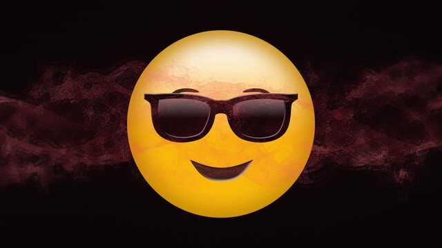 Digital animation of red digital wave over face wearing sunglasses emoji against black background