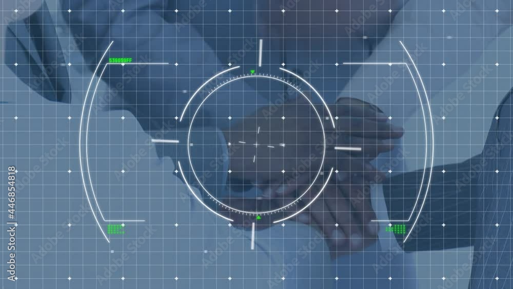 Poster animation of scope scanning and data processing over businessmen stacking hands