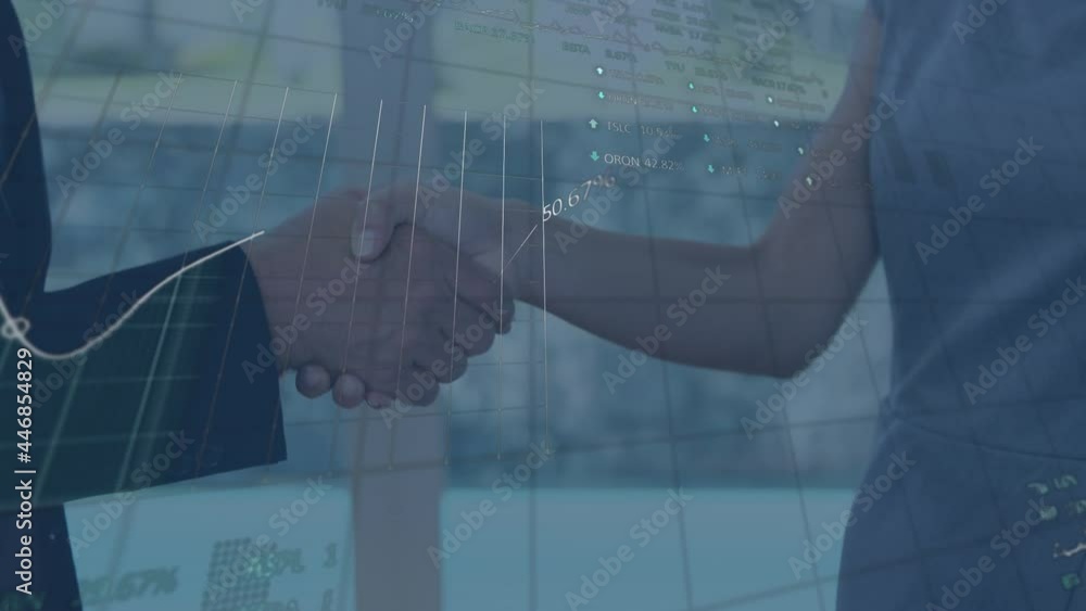 Poster animation of data processing over businessman handshake
