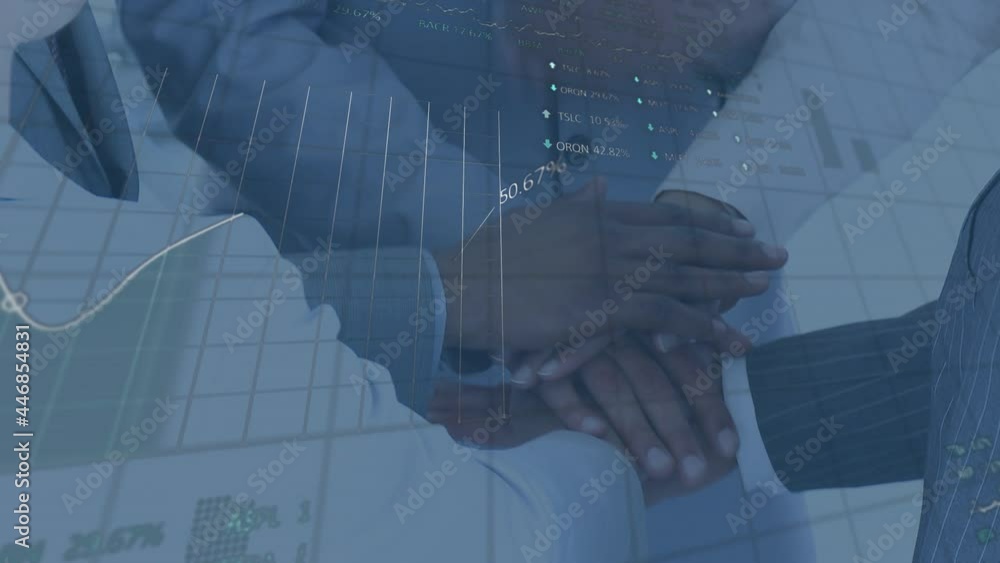 Poster animation of data processing over businessman stacking hands