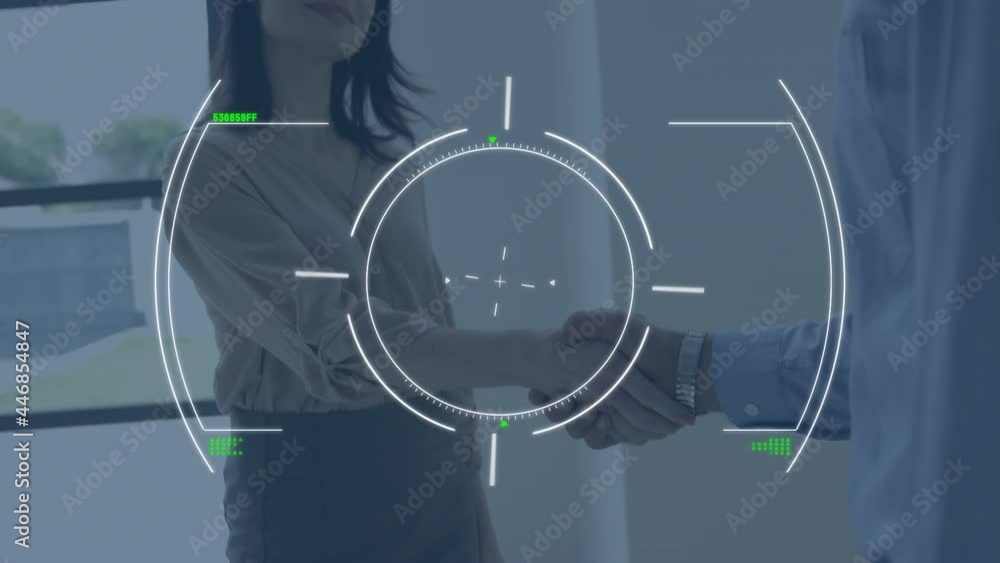 Poster animation of scope scanning and data processing over businessman handshake