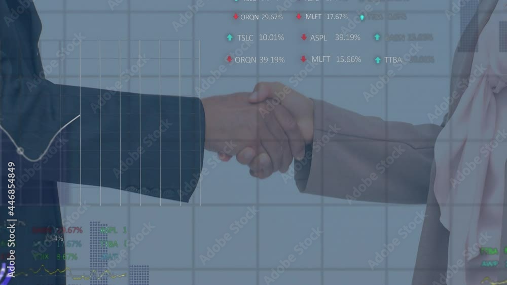 Poster animation of data processing over businessman handshake