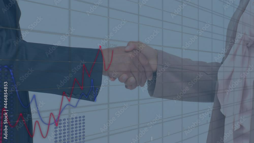 Poster animation of data processing over businessman handshake