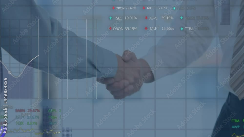 Poster animation of data processing over businessman handshake