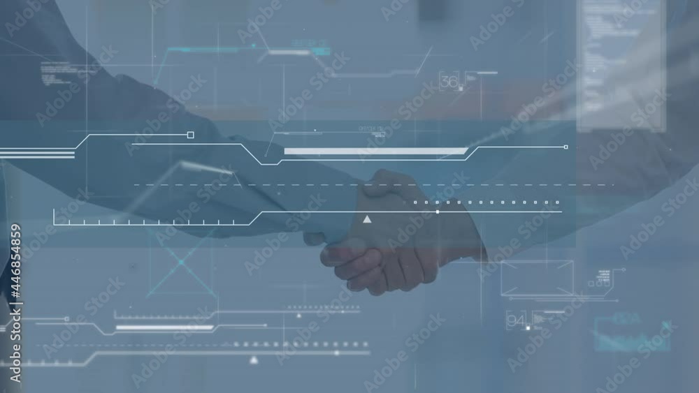 Poster animation of data processing over businessman handshake