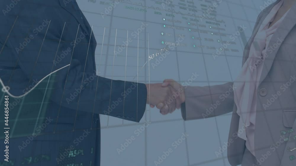 Poster animation of data processing over businessman handshake