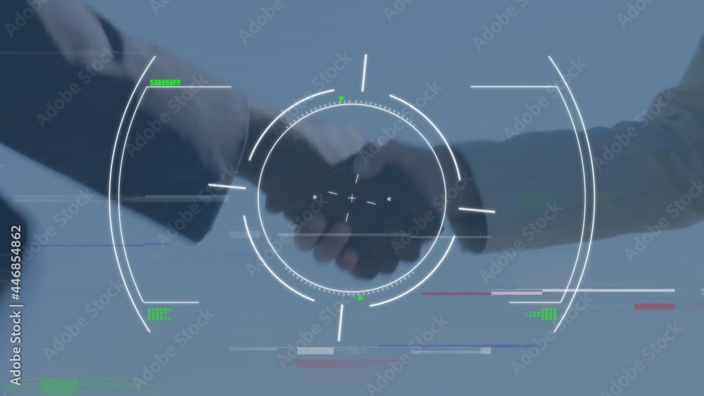 Poster animation of scope scanning and data processing over businessman handshake