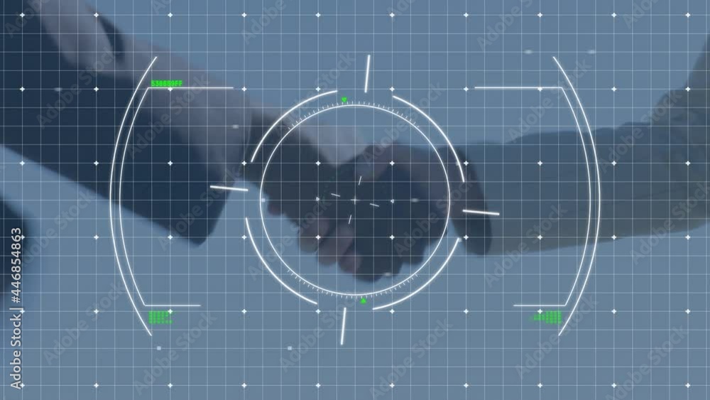 Poster animation of scope scanning and data processing over businessman handshake