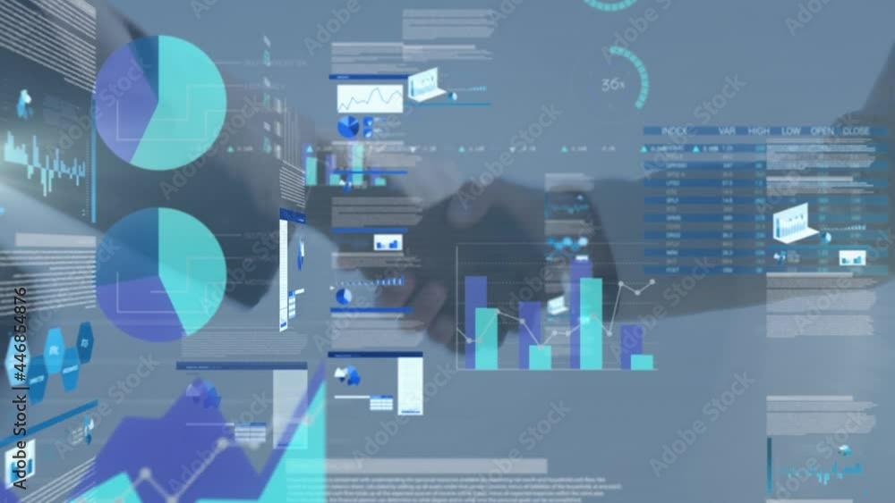 Poster animation of statistics and data processing over businessman handshake