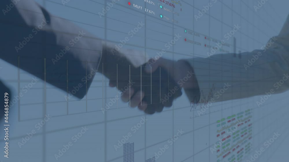 Poster animation of data processing over businessman handshake
