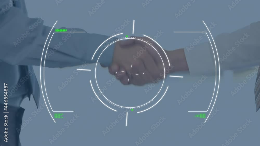 Poster animation of scope scanning and data processing over businessman handshake