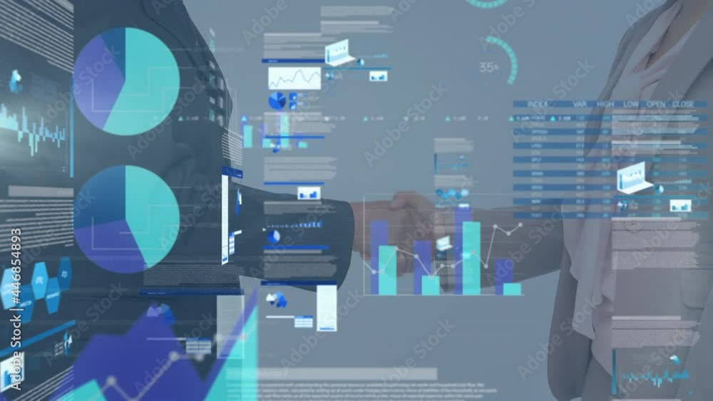 Poster animation of statistics and data processing over businessman handshake