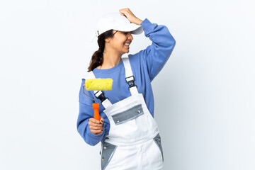 Painter woman over isolated white background has realized something and intending the solution