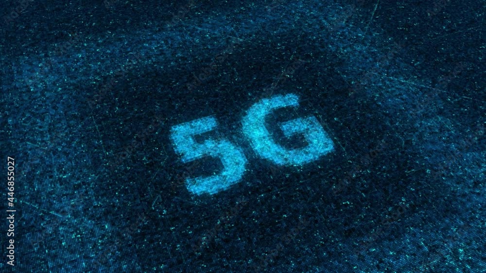 Poster new 5g with fast internet. animation. column of particles falls creating 5g sign with luminous pulsa