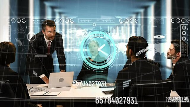 Animation of clock, numbers changing over business people