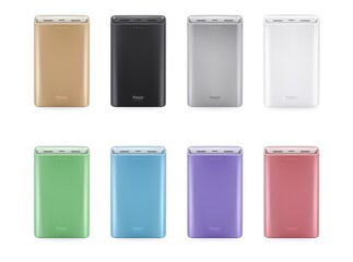 Powerbanks with USB connectors, set isolated on white background.