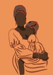 African American mother holding her daughter, dark skin female face. National African costumes, accessories, dresses, flat lay cartoon style illustration orange pastel background. 